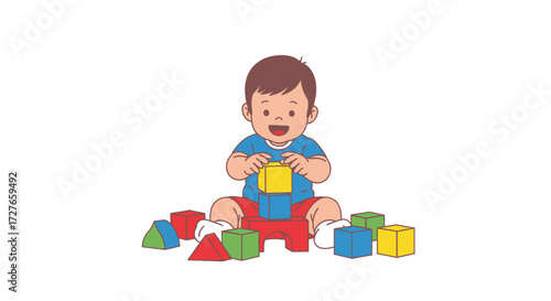 Cheerful Toddler Playing with Colorful Building Blocks Smiling.