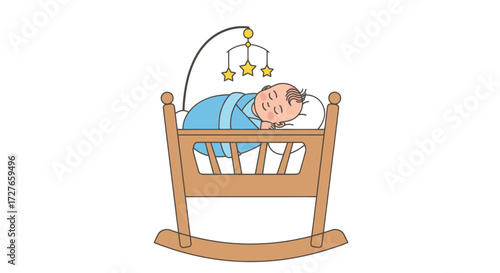 Sleeping Baby in Wooden Cradle with Mobile.