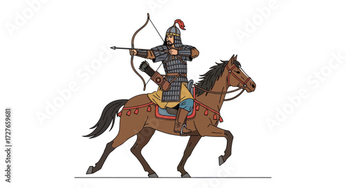 Armed Warrior Archer on Horseback Aiming Bow and Arrow.