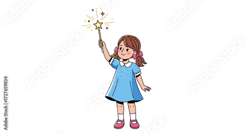 Cute cartoon girl in a blue dress holding a sparkling magic star wand.