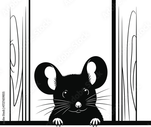 Cute black mouse peeking over a wooden fence with large ears and whiskers
