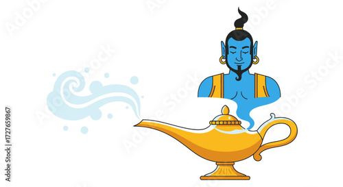 Cartoon Genie Emerging from Golden Lamp with Smoke.
