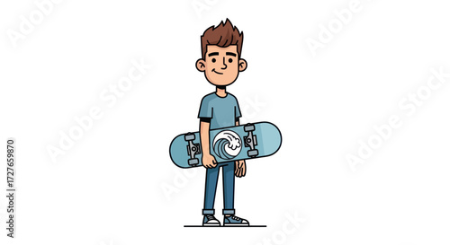 Cartoon boy holding a skateboard with a wave graphic.