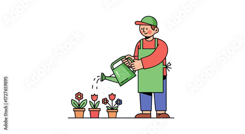 Cartoon man gardener watering three potted flowers with a green watering can.