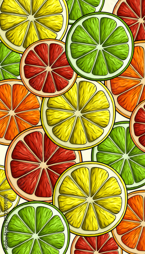 Seamless pattern of colorful citrus fruit slices, orange, lemon, lime, grapefruit, Hand drawn citrus family, citrus collection, citrus assortment 