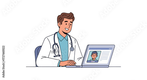 Smiling male doctor in a white coat providing an online medical consultation on a laptop.