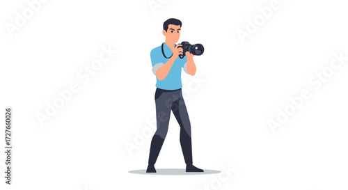 Cartoon male photographer holding a camera ready to capture moments.
