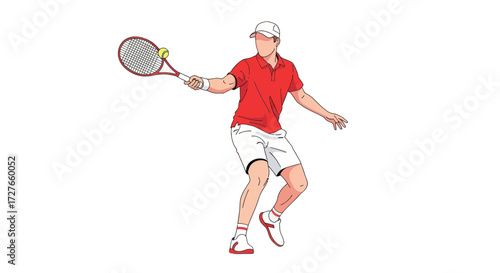 Tennis Player in Red Shirt Swinging Racket Ready to Strike the Ball.