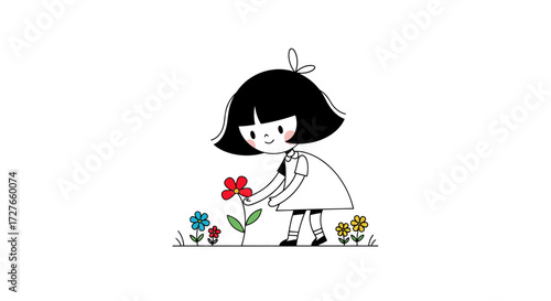 Cartoon Girl Tending Colorful Flowers in Garden.