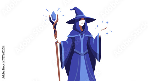 Enchanting Wizard in Blue Robes Holding a Crystal Staff.
