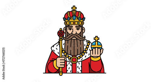 Cartoon King with Crown Scepter and Orb wearing a red robe and gold chain.