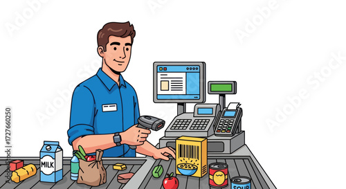 Smiling Male Cashier Scanning Groceries at Supermarket Checkout Counter.