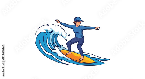A cartoon surfer in a blue wetsuit and cap riding a large ocean wave on an orange surfboard.