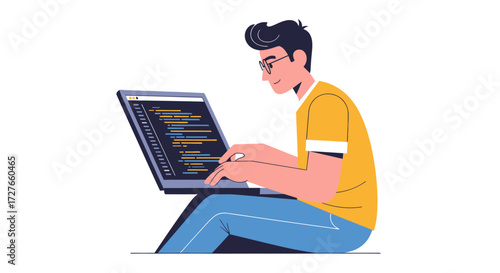 Young Programmer Working on Laptop with Code.