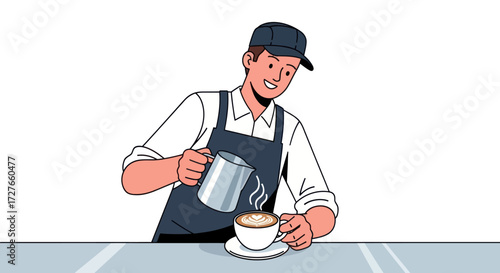 Smiling Barista Pouring Steamed Milk into Coffee Cup for Latte Art.