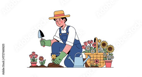 Gardener Planting Flowers in a Garden.