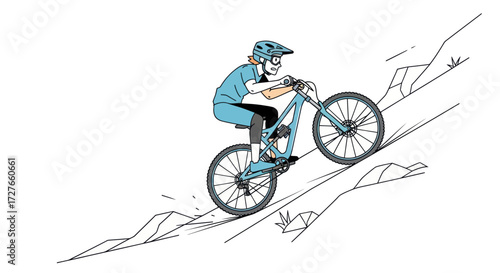 Mountain Biker Riding Downhill on a Trail.