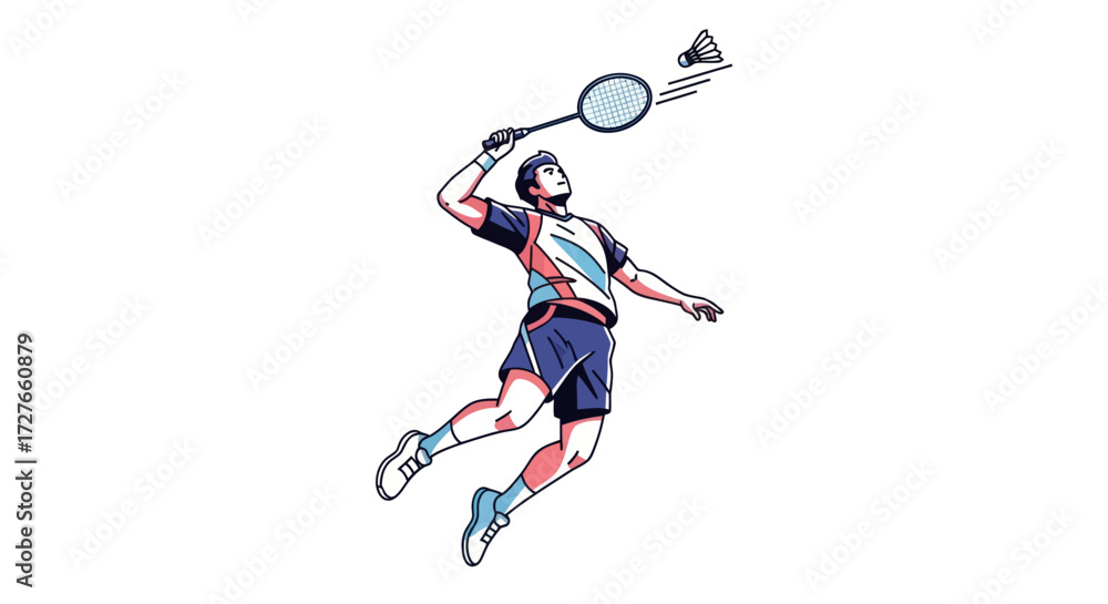 Fototapeta premium Badminton Player in Action Hitting Shuttlecock with Racket.