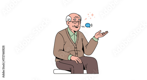 Elderly Man with Glasses Sitting and Holding a Ball of Yarn.