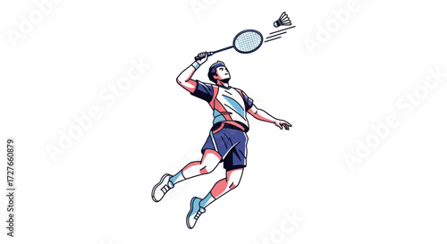 Badminton Player in Action Hitting Shuttlecock with Racket.