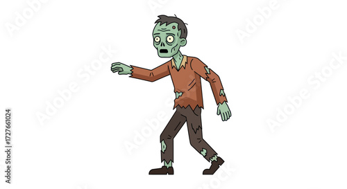 Cartoon illustration of a green-skinned zombie with tattered clothing walking forward.