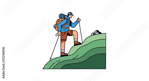 Stylized vector illustration of a hiker with a backpack and trekking poles climbing a green mountain.
