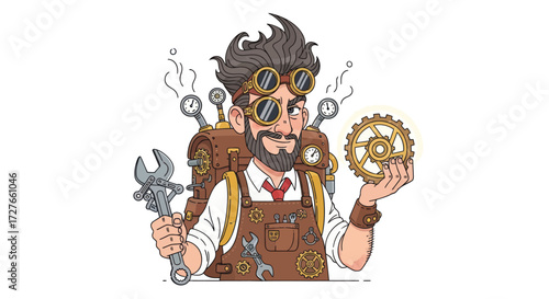 A cartoon steampunk inventor with a beard goggles and a mechanical backpack holding a wrench and a golden gear.