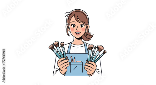 Illustration of a smiling female makeup artist in a blue apron holding many cosmetic brushes.