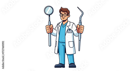 Cartoon Dentist Holding Dental Mirror and Probe Smiling.