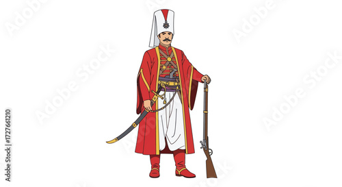 Ottoman Officer in Traditional Red Uniform with Sabre and Rifle.