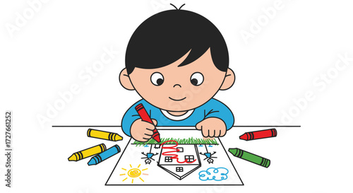 Young boy drawing with crayons on paper at a table.