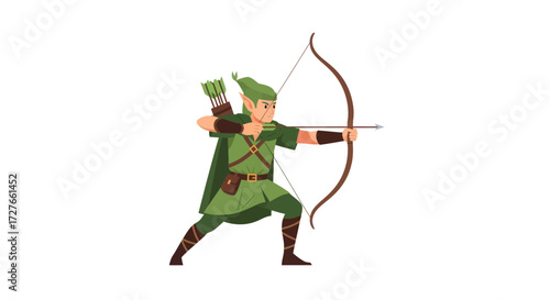 Archer in green tunic and hat aiming a bow and arrow.