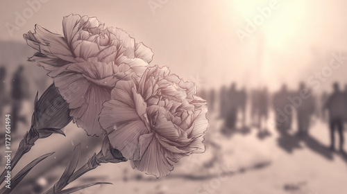 Flowers bloom in the foreground, with flowers intricately detailed against the light. Shadows of people surround the flowers as people stand in the background. Light illuminates flowers, creating
