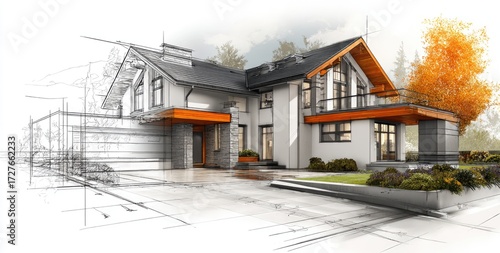 Fototapeta Naklejka Na Ścianę i Meble -  Architectural rendering of a modern house with blueprints
