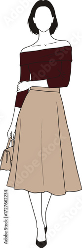 Fashionable woman wearing an off the shoulder top and a flowing midi skirt holding a handbag