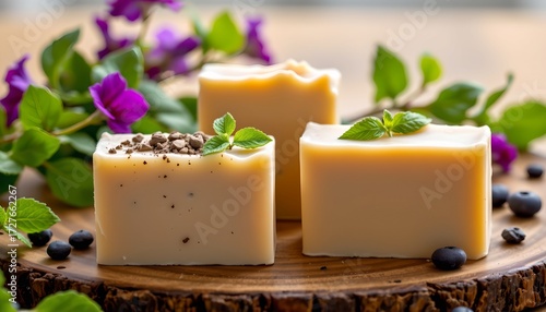 Festive Rectangular Cakes with Mint Garnish Displayed Outdoors