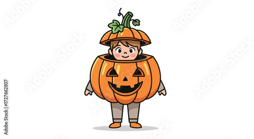 Adorable cartoon child wearing a festive pumpkin costume for Halloween celebrations.