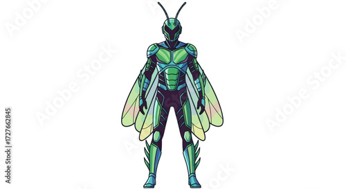 Green Insectoid Superhero Character with Translucent Wings and Antennae.