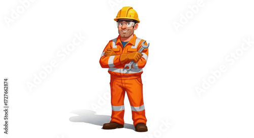 Cartoon Construction Worker in Orange Safety Suit and Yellow Hard Hat Holding Wrench.