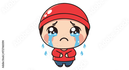 Sad Cartoon Child Wearing Red Hat and Hoodie Crying Tears.