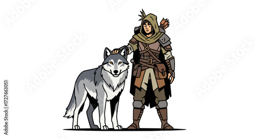 Fantasy Archer with Loyal Wolf Companion in Medieval Armor.