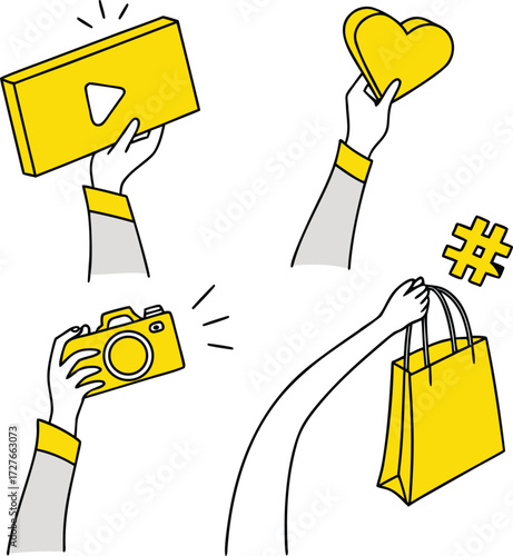 Set of four illustrations showing hands holding social media icons like video, heart, camera, and a shopping bag with a hashtag, representing online engagement and e-commerce.