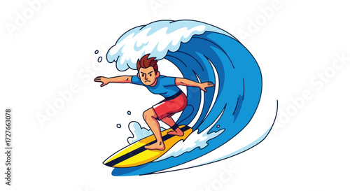 Young man surfing a large blue wave with white foam on a yellow surfboard.