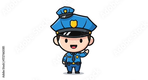 Cute Cartoon Police Officer Character in Blue Uniform Smiling and Waving.