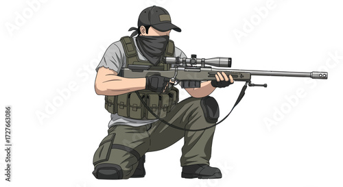 Sniper Kneeling with Rifle and Scope Wearing Tactical Gear and Mask.