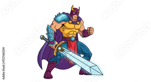 Muscular Superhero with Sword and Mask Ready for Battle.