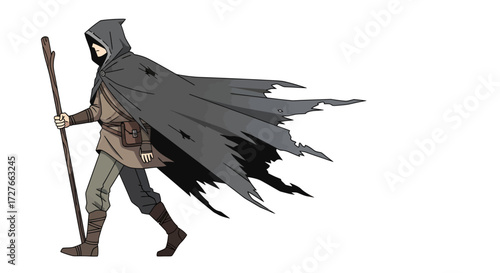 Mysterious hooded figure with tattered cloak and staff walking.