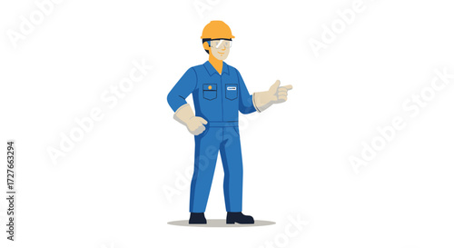 Cartoon male worker in blue jumpsuit yellow hard hat safety glasses and gloves pointing.