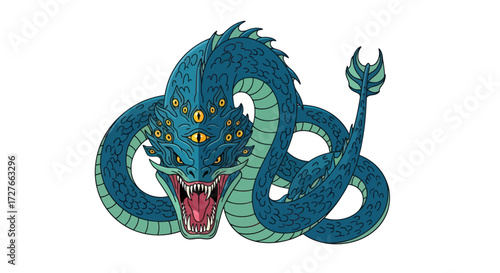 Mythical Blue Serpent Dragon with Multiple Eyes and Open Mouth.