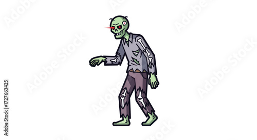 Creepy Cartoon Zombie Character with Green Skin and Tattered Clothes.